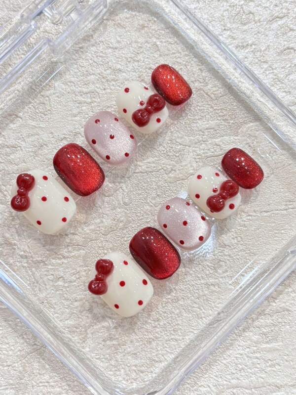 10 Handcrafted Red Bow Polka Dot Beige Base Color Cat's Eye Wearable Nails, Short Square And Cute Fake Nails For Daily Use, Suitable For Ladies And Girls