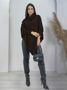 Swisz Women's Winter Poncho Knit Long Sleeve V-Neck Sweater With Scarf - 咖啡棕 - 查看 2