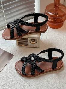 "1 Pair Of Black Vintage Woven Sandals For Boys And Girls 3-12 Years Old | Elastic Drawstring Breathable Woven Park/School/Beach/Outdoors/Party/Show All Right!" - Black - View 5