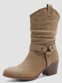 GLOBALWIN Women's Mid Calf The Western Cowgirl Boots Fashion Cowboy Boots For Women Chunky Low Heel Fall Boots Halloween Season - 19yy17 卡其色 - 查看 4