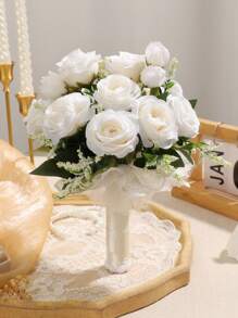 1PC Bridal Bouquet For Wedding; Lace Ribbon Tied Artificial White Rose Flower; Wedding Home Decoration; Wedding Ceremony; Bride's Hand-Held Flower; Church Wedding Ceremony Bridesmaid Prop; Outdoor Wedding Party Photography Decoration Prop