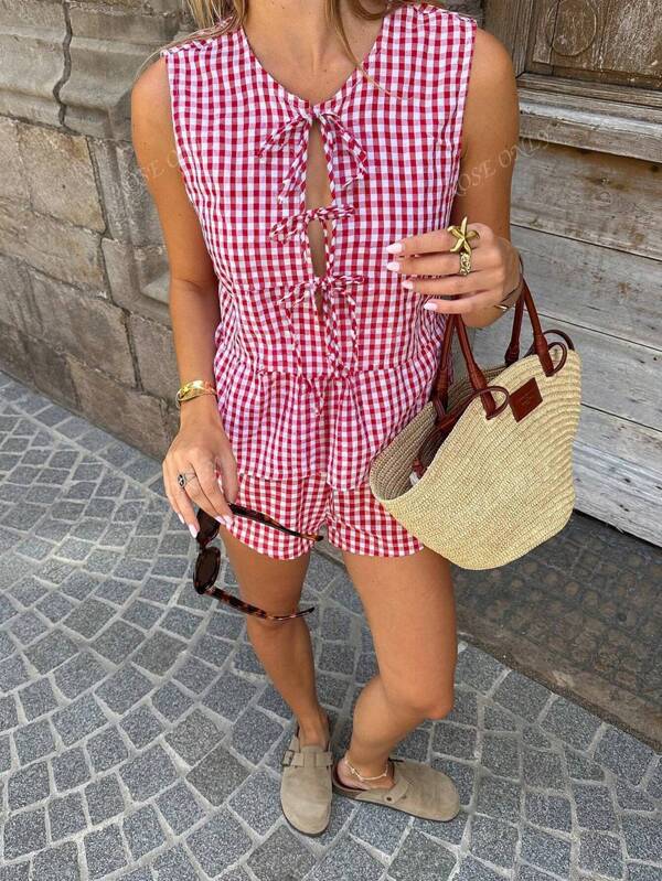Women's 2 Pcs Casual Cute Boho Vacation Tie-Up Ruffle Sleeveless Top And Elastic Waist Loose Shorts Lounge Set, Easy Wear Suitable For Daily Wear, Summer Beach Trip