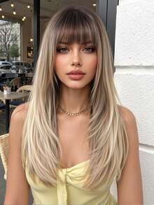 Elegant Blonde Wig High-Density 150% Elegant Ombre Blonde Wig With Bangs Straight Layered Synthetic Hair, Matte Finish, Perfect For Casual Attire, Rose Net Cap, Versatile Styling For Women Of All Ethnicities, Casual Hairpiece - Brown Ombre - View 2