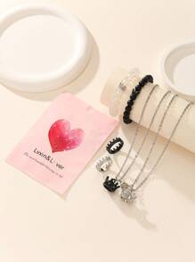 ATLVXJL 6pcs/Set Luminous Couple/Friendship Crown 3D Stainless Steel Chain Glow Magnetic Heart Necklace Bracelet Ring Set, Casual Jewelry Suitable For Daily Wear And Valentine's Day Gift