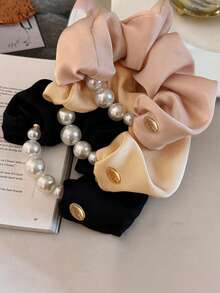 1pc (Random Color) Faux Pearl Flower Scrunchie, High-End Versatile Mori Style Cute Hair Tie, High Elasticity Rubber Band Back To School