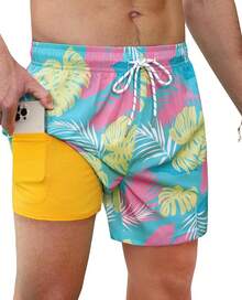 Mens Swim Trunks With Compression Lined Short Bathing Suits For Men 5 Inch Inseam Liner Men's Swimming Trunk - Green Leaf - View 1