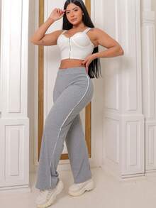 Women's Ribbed Pants With Side Detail White Cotton And Elastane Comfortable Casual Women's Fashion - 灰色 - 查看 3
