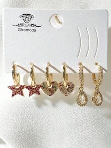 Kit Of 3 Earrings Studded With Zirconia Stone, Small Hoop, Heart Pendant, 18k Gold Plated And 925 Silver - 50 - 查看 1