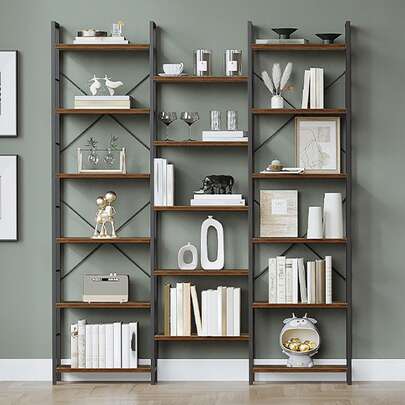 Hzuaneri Bookcase, Standing Shelf With 17 Shelves, Adjustable Spacing, Book Shelf With Metal Frame, For Living Room, Bedroom, Home Office, Rustic Brown And Black