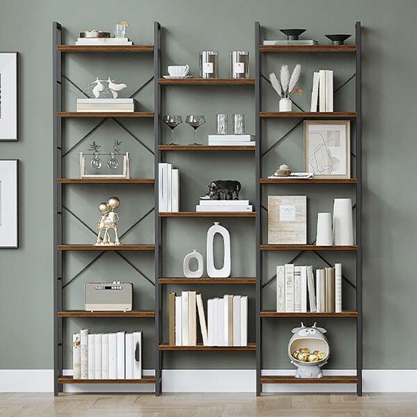 Hzuaneri Bookcase, Standing Shelf With 17 Shelves, Adjustable Spacing, Book Shelf With Metal Frame, For Living Room, Bedroom, Home Office, Rustic Brown And Black