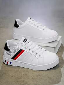 Men's White Leather Boat Shoes, Breathable Casual Sneakers, Student Flat Deck Shoes, Korean Fashion Casual White Leather Shoes - White - View 5