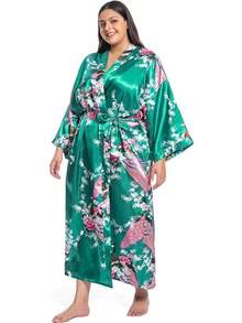 Women's Floral Long Satin Robes Plus Size Long Silk Robes Peacock Floral Kimonos Sleepwear Dressing Gown - 綠色 - 查看 5