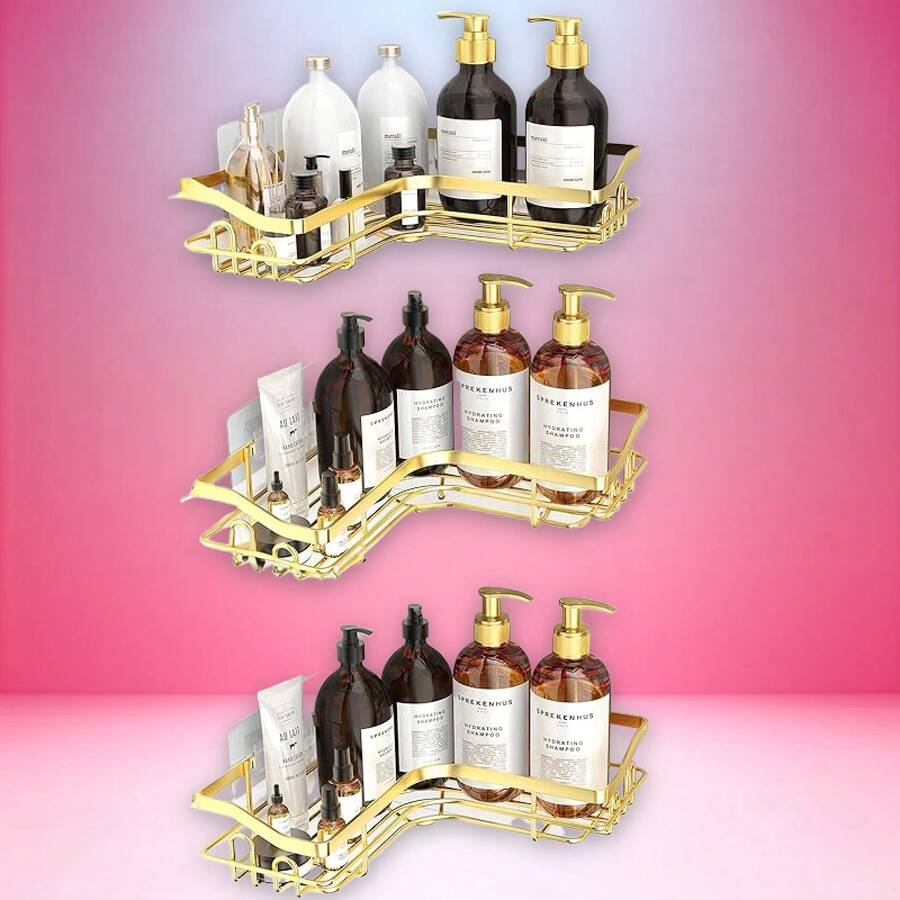 3 Pack Corner Shower Caddy Adhesive Organizer Pink Adhesive Shower Organizer For Bathroom Storage, Rustproof Stainless Steel Shower Shelves, No Drilling, Space-Saving Shower Rack Shelf For Inside Shower, Pink - L-Shaped Gold of 3 - 查看 1