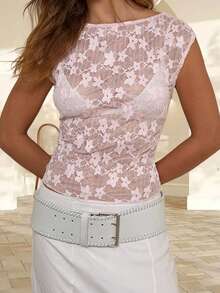 Women's Sheer Lace Tops Cap Sleeve Scoop Neck Solid Color T-Shirts Blouses - 粉色 - 查看 5