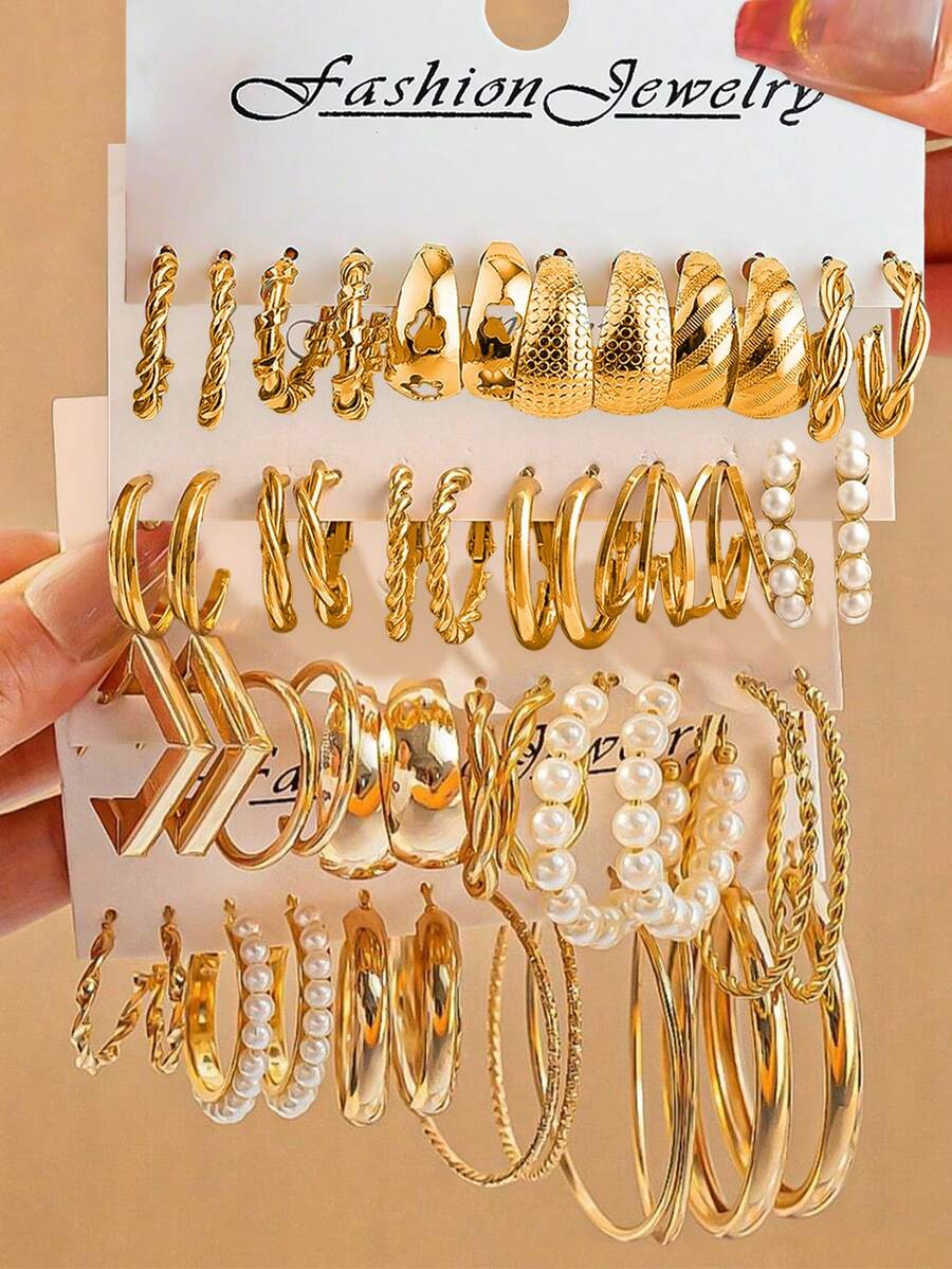 48-12pcs Bohemian Hoop Earrings Set, Faux Pearl And Hollow Flower Design Earrings, Versatile Daily Jewelry Gift For Women
