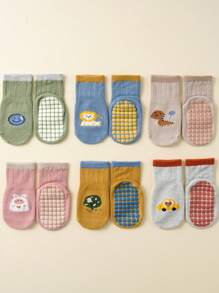 6 Pairs Glue Dotted Kids Boat Socks, Adorable Animal Pattern Breathable Infant Baby Socks, Unisex