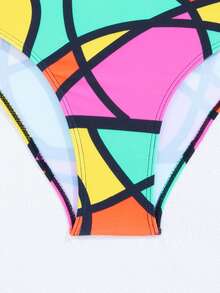 Women's Fashion Colorful Block Print Waist Sexy Hollow Out Drawstring Ruched Slimming One-Piece Swimsuit For Pool, Beach, Vacation