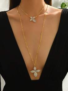 Secret Garden Flower Leaf Gold Long Necklace, Double-Layered Rhinestone Necklace, For Banquets, Parties And Daily Life - Gold - View 6