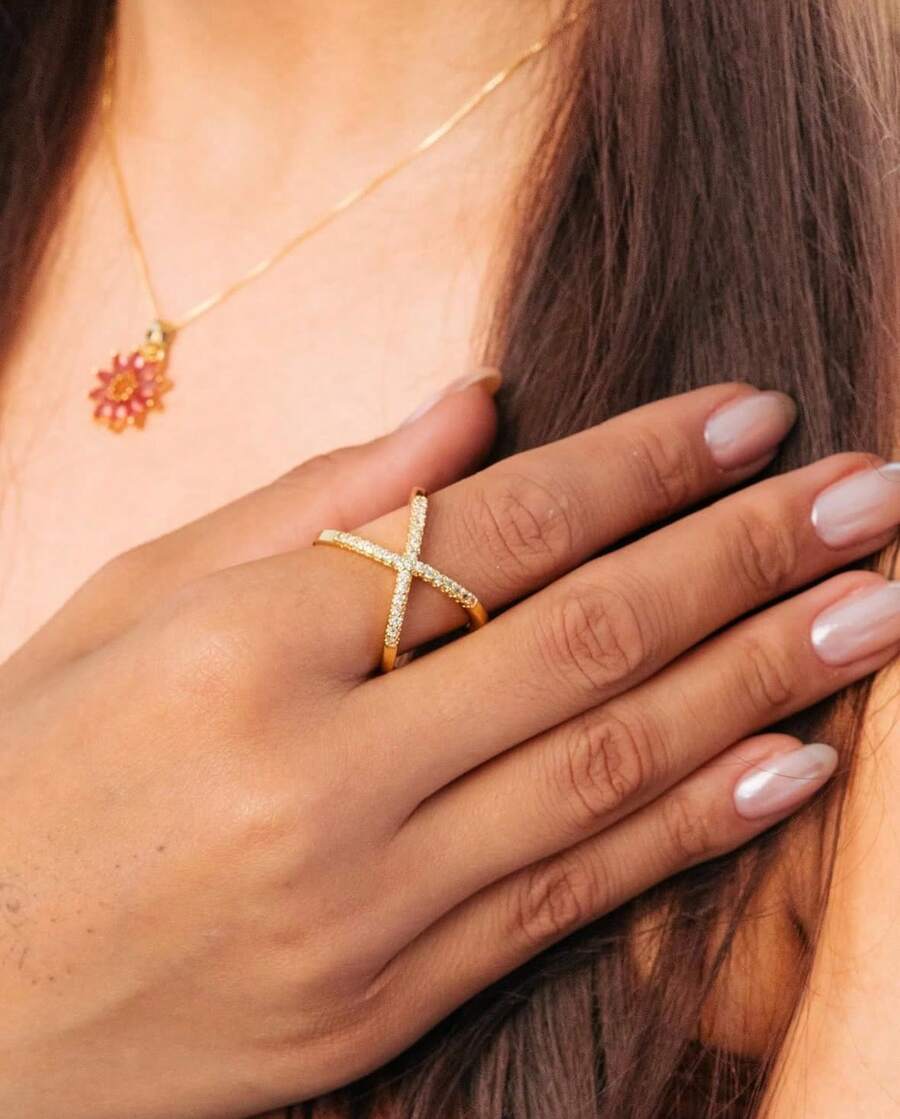 Luxury Cross X Shape Women Engagement Ring Pave Full Zirconia Gold Color Elegant Simple Jewelry 925 Silver - 金色 - 查看 1