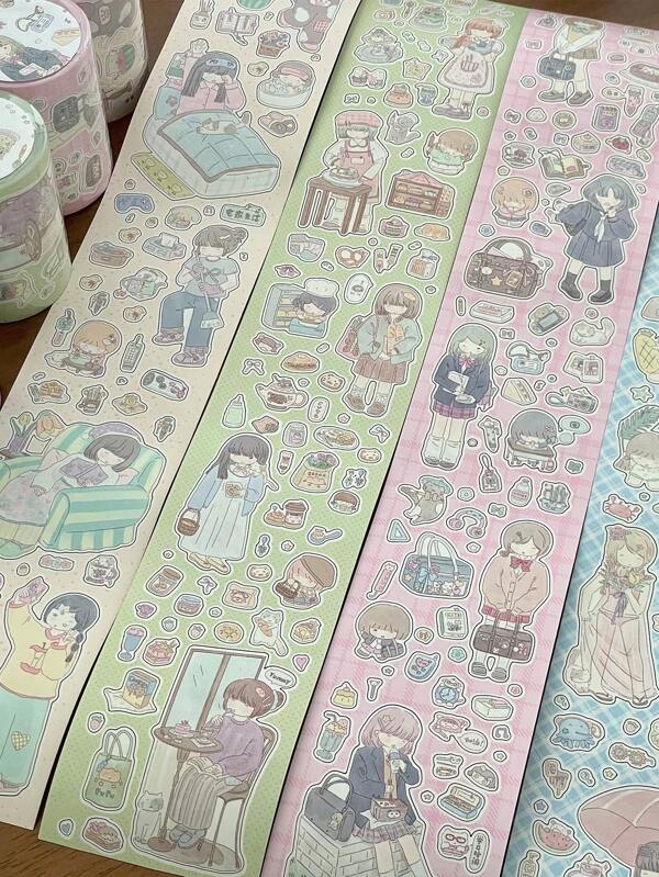 Rolo de adesivos diários de cura, pacote de adesivos com personagens de menina fofos em desenho animado para scrapbook, planner, confecção de cartões DIY, material escolar, volta às aulas