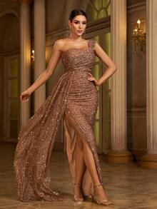 Missord 开叉大腿亮片正式派对礼服晚礼服优雅舞会婚礼宾客礼服，适合毕业典礼、晚宴 - 粉色 - 查看 4