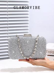1pc Crystal Decor Evening Clutch Bag For Women, Featuring Gemstone Metal Chain, Shiny Box-Shaped Bag, Perfect For Charming, Bridal Wallet, Wedding, Party, Prom, Nightclub, Birthday Gift, Valentine's Day Gift, Gathering, Crossbody Bag, Handbag, Clutch, Cosmetic Bag
