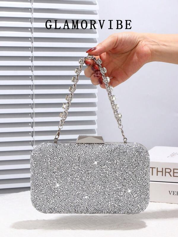 1pc Crystal Decor Evening Clutch Bag For Women, Featuring Gemstone Metal Chain, Shiny Box-Shaped Bag, Perfect For Charming, Bridal Wallet, Wedding, Party, Prom, Nightclub, Birthday Gift, Valentine's Day Gift, Gathering, Crossbody Bag, Handbag, Clutch, Cosmetic Bag