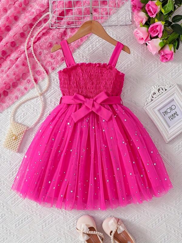 Mädchen elegantes Sommerkleid aus Mesh mit Träger und Zugbandentwurf, zusammengesetzt aus Stern- und Mond-Mesh-Kleid, perfekt für Geburtstagsfeiern, CollegePartys oder andere besondere Anlässe