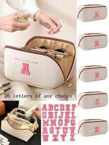 1pc 26 Letter Cosmetic Storage Bag, PU Leather Waterproof Cosmetic Bag, Large Capacity And Spacious Double-Layer Cosmetic Bag, Multi-Function Ladies' Travel Handbag, Cosmetics Sorting Bag - Multicolor - View 11