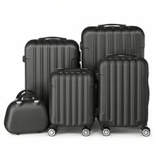 5 Piece Suitcase Set With Corner Protectors, 12/16/20/24/28 Inch Durable Hard Shell 360 Degree Spinner Wheels Large Capacity Multifunctional Lightweight Travel Suitcase - 豎橫黑色 - 查看 2