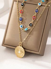 Set de 2 collares con ojos de demonio de varios niveles y rinestones coloridos en estilo hipster