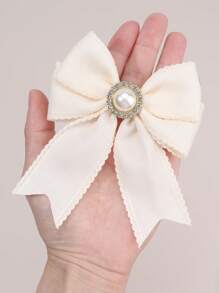 2 piezas Pinzas para el cabello con lazo en beige para niñas, decoradas con encaje, perlas y rhinestone, accesorios para el cabello de moda para uso diario de niñas