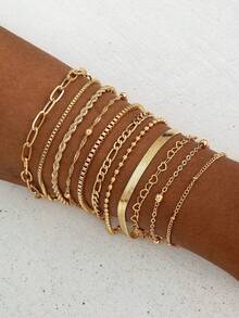 11pcs/6pcs Fashion Minimalist Heart Beads & Snake Chain Bracelet Set, Ladies' Exclusive Party Date Gift, Daily Match Jewelry - Yellow Gold - View 1