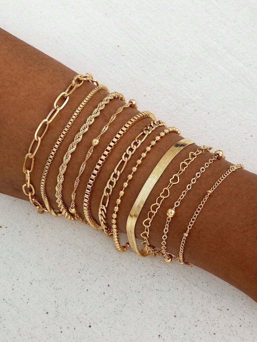 11pcs/6pcs Fashion Minimalist Heart Beads & Snake Chain Bracelet Set, Ladies' Exclusive Party Date Gift, Daily Match Jewelry - Yellow Gold - View 1