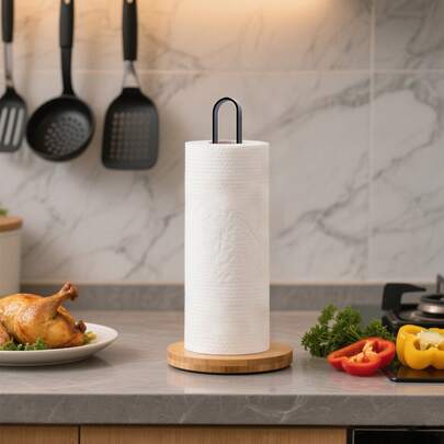 Soporte para toallas de papel de bambú negro - Organizador de rollo de toallas de papel para encimera, Soporte de pie para rollo de toallas de papel | Estante de almacenamiento para rollo de toallas de papel, Portarrollos de toallas de papel de estilo rústico para encimera