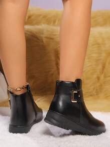 Autumn/Winter Thermal-Lined Short Boots, Anti-Slip Mom Shoes, Black Flat/Chunky Heel Short Ankle Boots, Warm