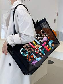 1 件装网状沙滩包尼龙材质字母印花沙滩网手提包，容量大，自己使用或赠送他人，返校用品沙滩包，防水背包度假包，适合朋友、妈妈、老师、母亲节礼物，夏季必备品，沙滩必备品 - 彩色 - 查看 2