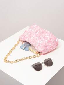 闪亮亮片单肩包、新娘派对包、金属链带女士手拿包、舞会配饰、优雅女士包、婚礼用品、闪亮派对钱包（图案随机） - 粉色 - 查看 6