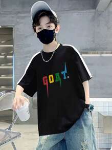 1 pieza Camiseta de manga corta con estampado y contraste de rayas para adolescentes varones, para uso casual al aire libre en primavera/verano/otoño