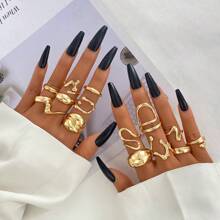 15pcs Metal Material Asymmetrical Shaped Ring Set For Women's Daily Leisure, Gatherings And Travels, Simple And Versatile