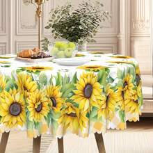 1pc Round & Rectangular Tablecloth - Orange Buffalo Plaid Sunflower & Daisy Floral Pattern, Durable Polyester Woven Fabric, 60x60, 55x70, 60x86 Inch, Spring Summer June Festival Party Picnic Dinner Kitchen Dining Room Indoor Outdoor Decor, Buffalo Plaid Table Decoration, Holiday Dining Table Accessory, Woven Textile