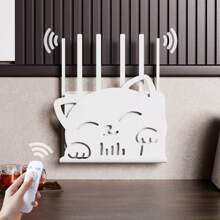 1pc Cute Router Stand, Made Of Plastic Material With 2pcs Self-Adhesive Tapes, Adorable Cat Face Pattern & Outline Design, Hollow-Out Cat Face Details, Won't Block Signal, Suitable For Daily Home Use, Back To School