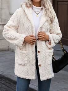 Long Solid Color Diamond Pattern Front Button Pocket Winter Hooded Jacket