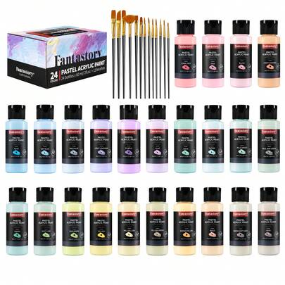  Fantastory Pastel Acrylic Paint Set+12 Brushes, 24 X 2oz Pastel Colors Art Craft Paint For Artists Students, Halloween Decorations, Canvas Ceramic Wood Rock Painting Supplies Kit