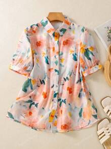 Women's All-Over Floral Print Button-Front Shirt - Short Sleeve Collared Blouse For Date Nights/Parties/Travel, Spring-Summer Wardrobe Essential With Versatile Styling