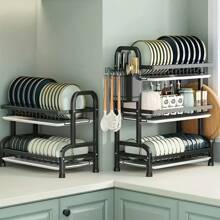 High-Quality Carbon Steel Three-Tier Dish Rack With Drainage And Separation For Dry And Wet Ware, Includes Utensil Holder, Cutting Board Holder, Bowl Holder, Cup Holder, And Drainage Pipe, Black Metal With White Accents,Perfect For Kitchen Storage