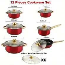12 Piece Cookware Set Nonstick Pots And Pans Home Kitchen Cooking Non Stick, Classic Design, Glass Cover, Stainless Steel Handle, Includes 16/18/20/22/24/24cm Pots, Red