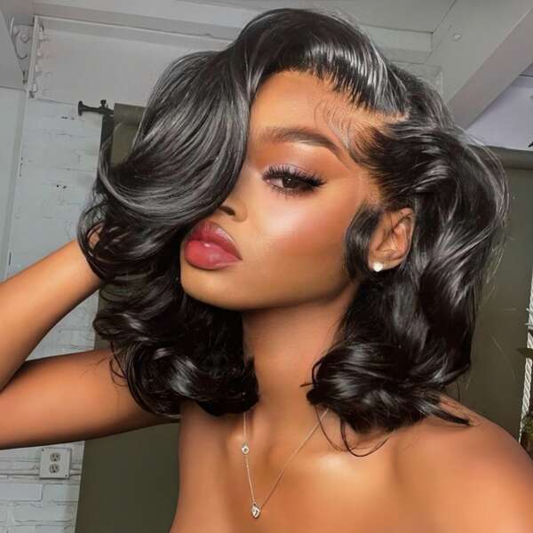 Glueless Wigs Human Hair Bob Straight Human Hair Lace Front Wigs For Beginners 100% Glueless Wigs 13x4 Lace Closure Human Hair Wig For Women Pre Cut Lace Natural Color180% Density Body Wave Black Natural Color