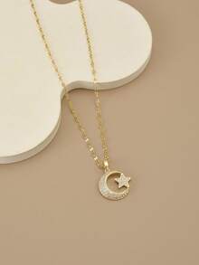 1pc Fully Rhinestoned Sparkling Stars & Moon Glamorous Stainless Steel Necklace For Women - Yellow Gold - View 2