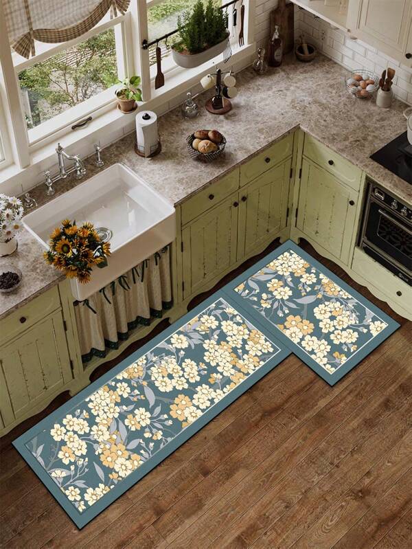 1 pezzo Stuoia da cucina in silicone per il fango, con motivo floreale in blu-verde e beige, stile elegante campagnolo vintage, spessore 3 mm, impermeabile, tappeto antifatica per la cucina, adatto per cucina, bagno, ingresso, lavanderia